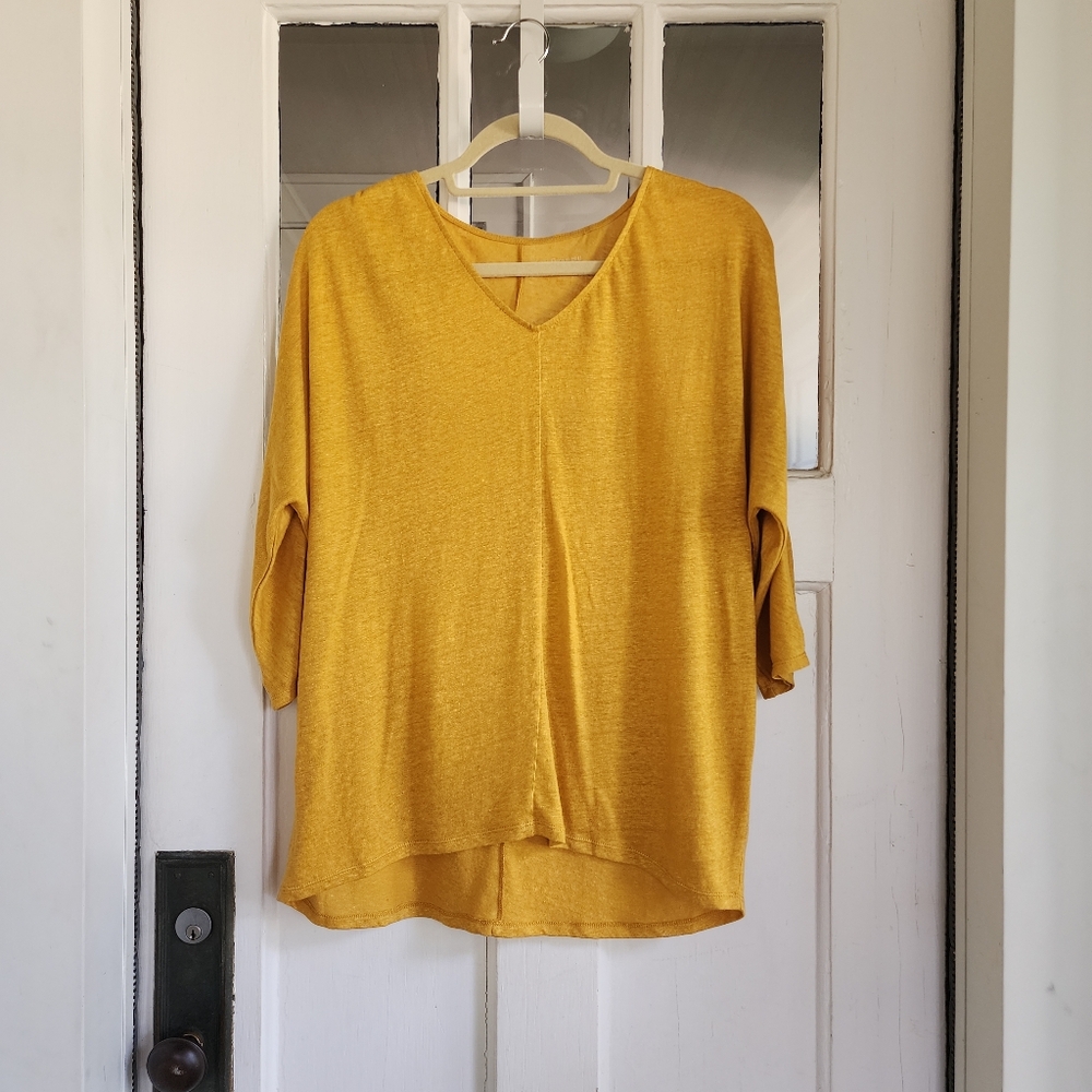 Garnet Hill Yellow V-Neck Organic Linen Light Sweater Blouse Top